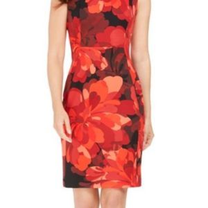 Calvin Klein Square Neck Red Floral Black Sleeveless Dress Women's 10